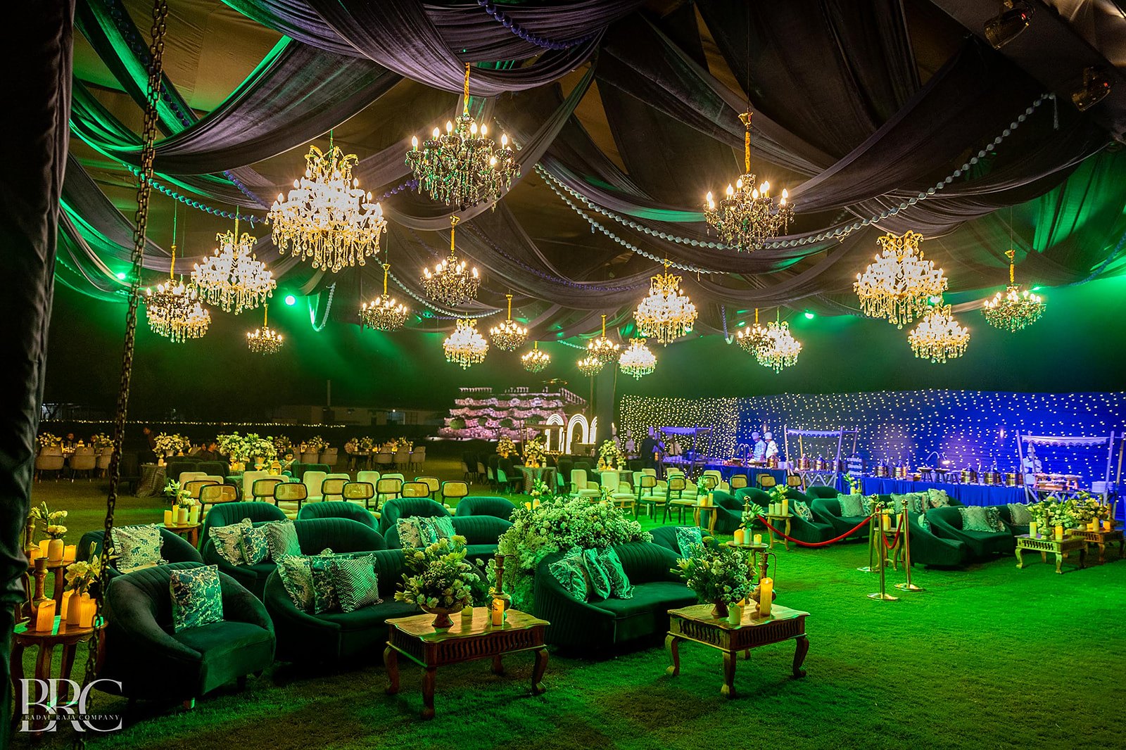 The lounge, lit green
