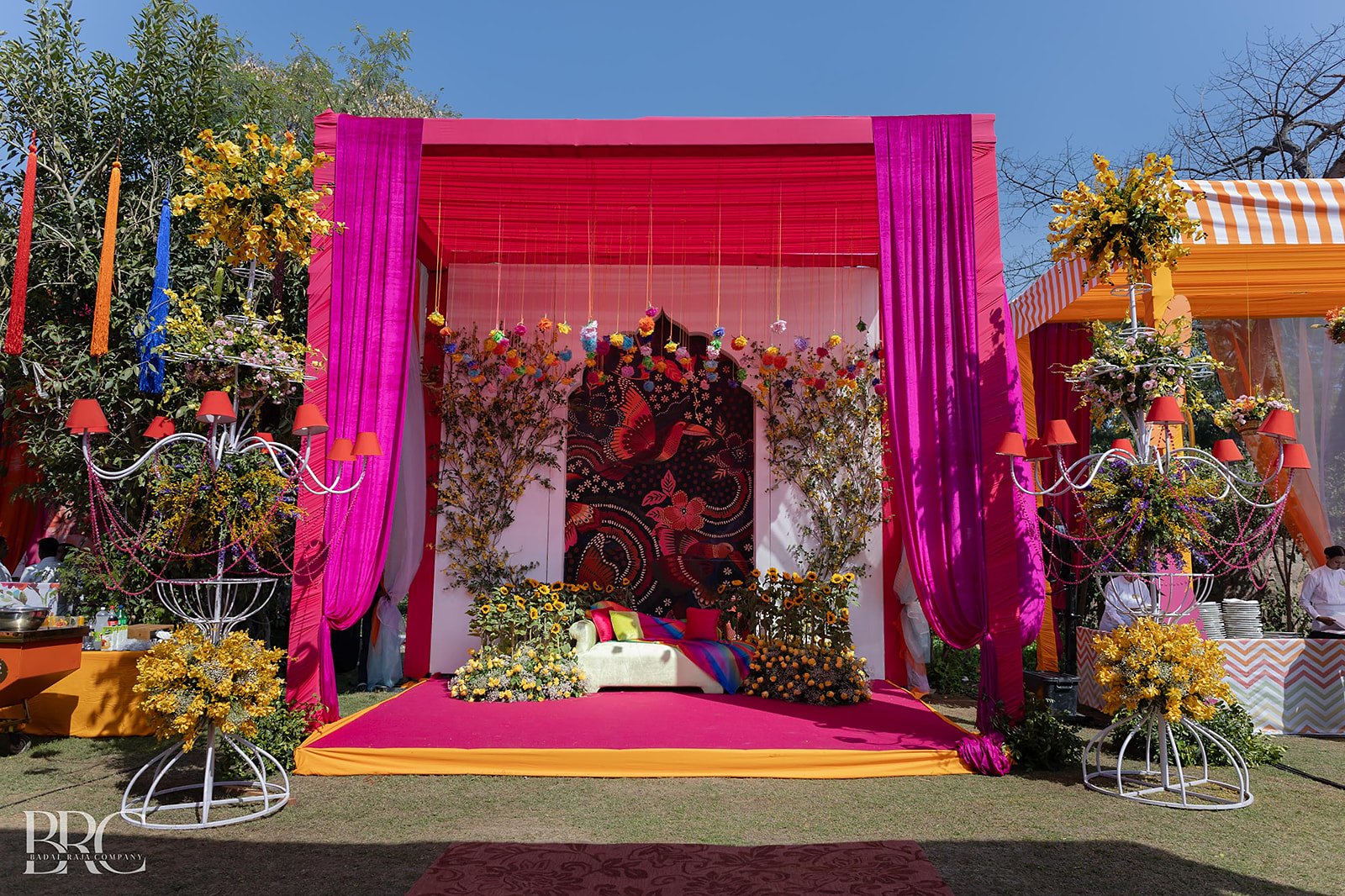 The mandap, dressed and lit