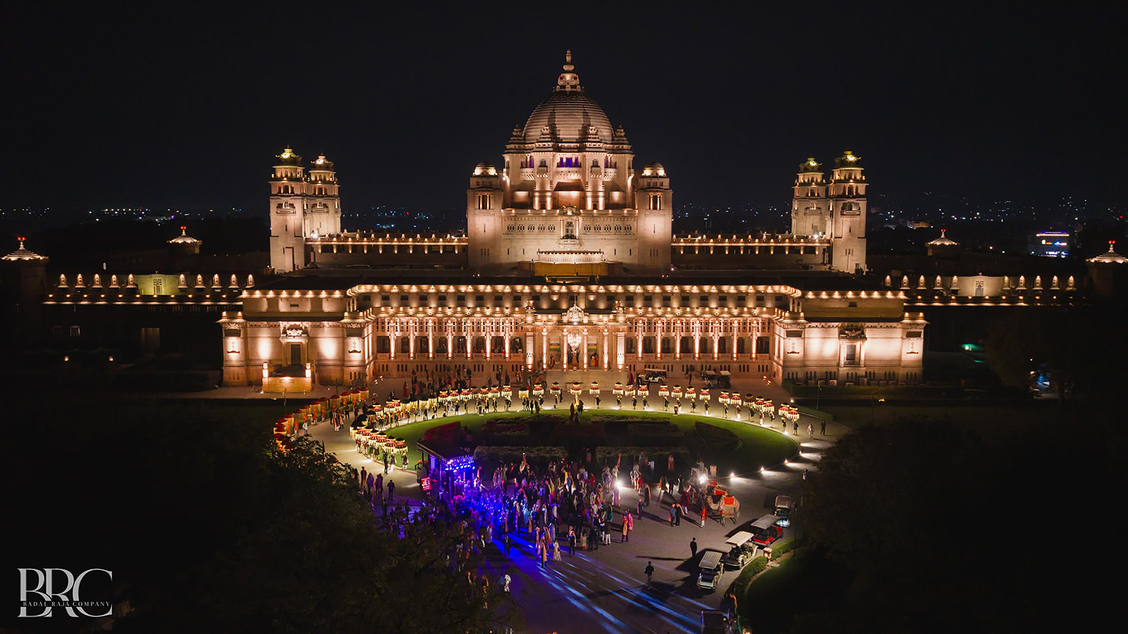 The palace, lit for the evening