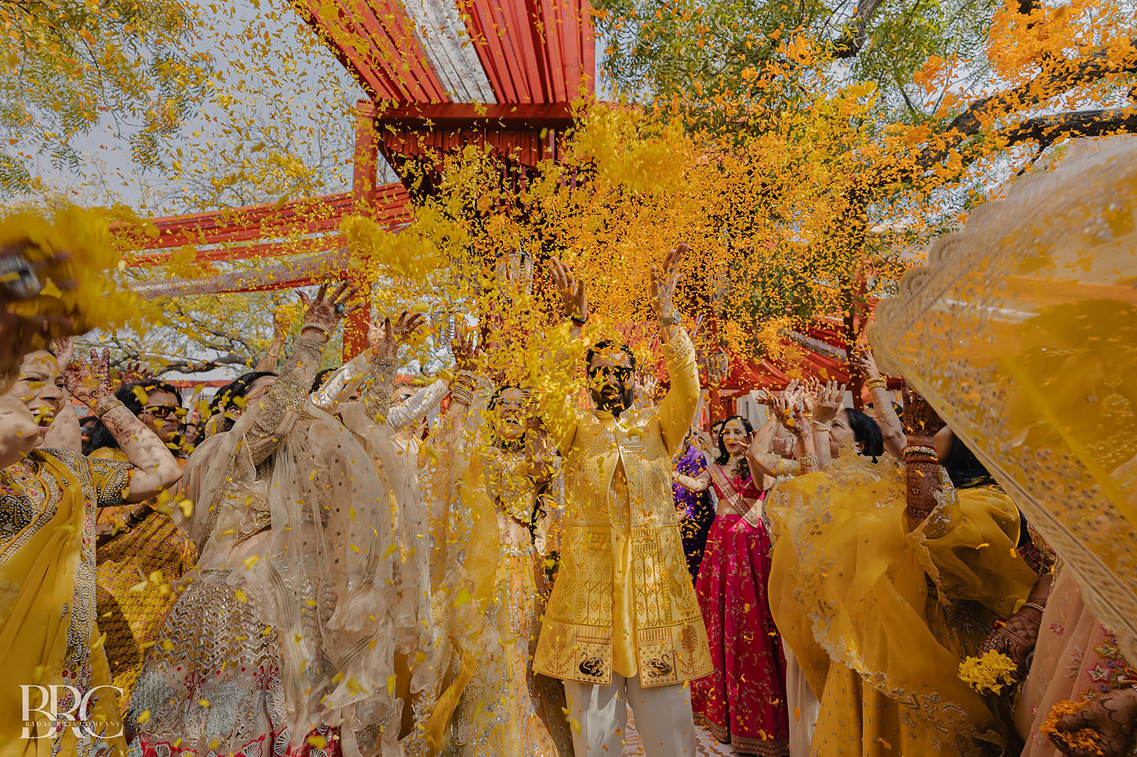 Guests showering the groom with marigold petals at a Phoolon ki Holi